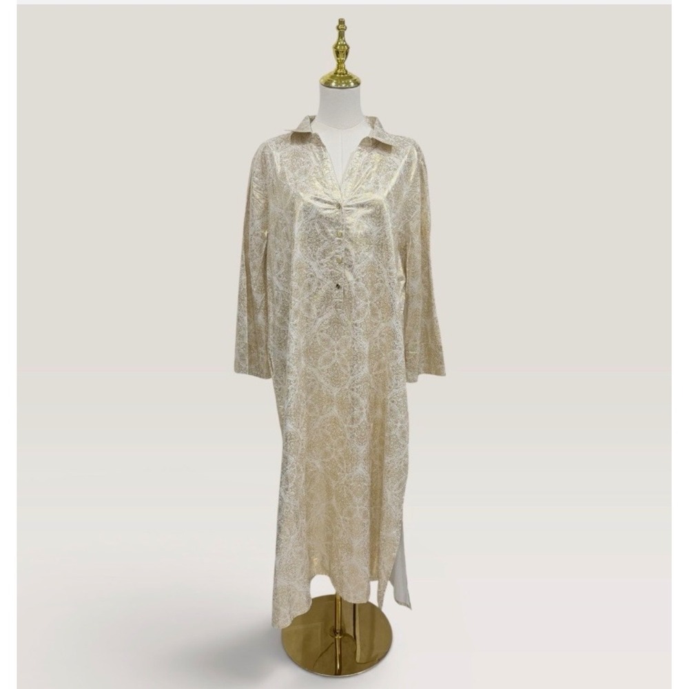 C30 Jude Connally Gold Metallic Paisley Midi Kaftan Dress Shirt Dress Large